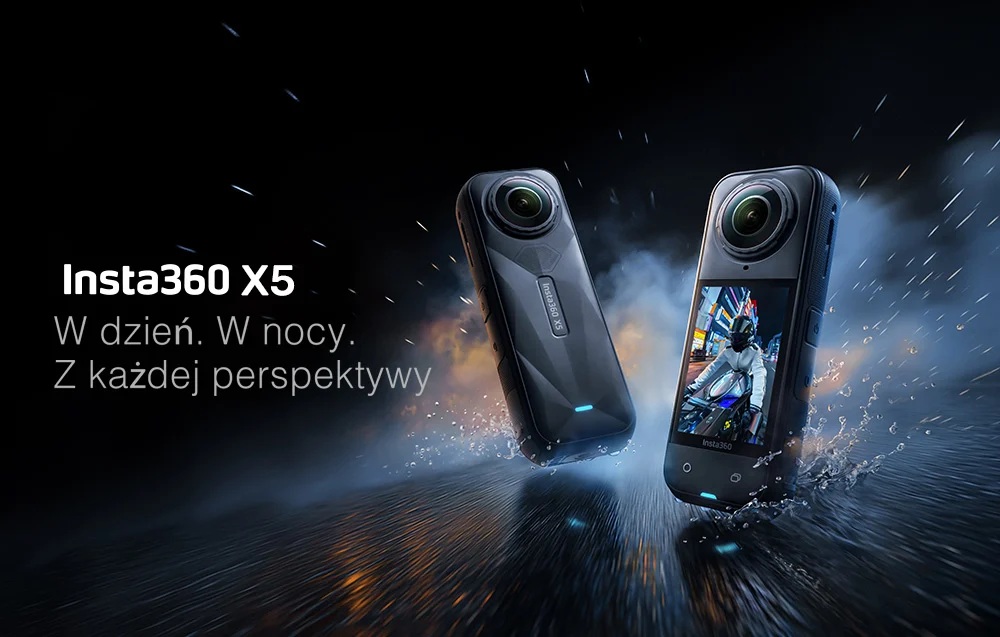 Kamera sportowa Insta360 X5 8K czarna dwie kamery pod skosem